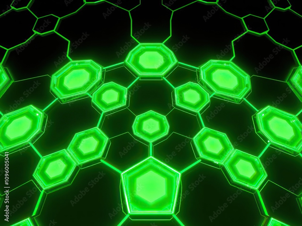 A visually striking and futuristic background made up of a series of interconnected glowing hexagons in various shades of green, modern style, digital art A visually striking and futuristic background made up of a series of interconnected glowing hexagons in various shades of green, modern style, digital art