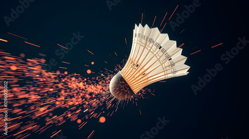 A badminton shuttlecock flying through the air with a trail of sparks, symbolizing speed and power. photo