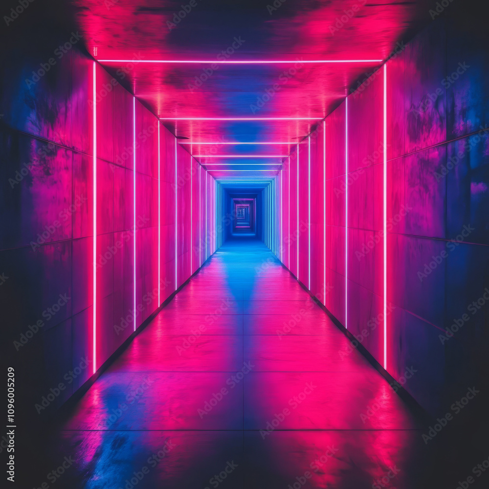 A neon background with lines and laser light, creating an immersive atmosphere in a dark room, tunnel, or basement corridor. The design features glowing neon lights and reflections along the walls, en A neon background with lines and laser light, creating an immersive atmosphere in a dark room, tunnel, or basement corridor. The design features glowing neon lights and reflections along the walls, en