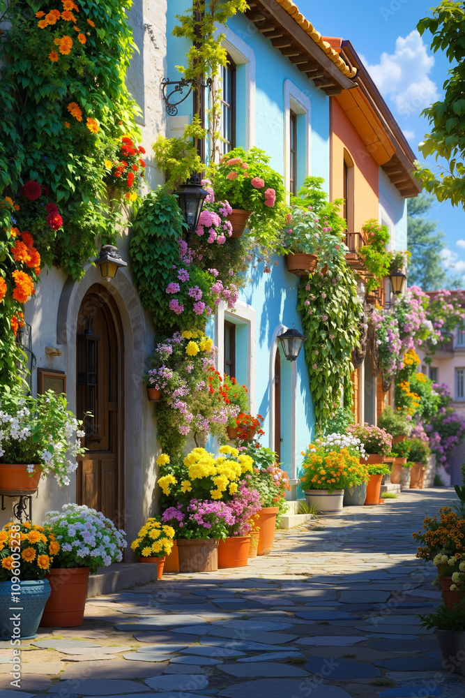 A row of colorful houses with flowers on the side of them A row of colorful houses with flowers on the side of them