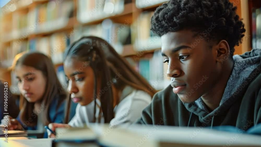 High school students studying in a library, emphasizing focus and academic dedication High school students studying in a library, emphasizing focus and academic dedication
