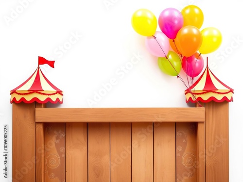 A white background with a colorful carnival theme and balloons floating above a wooden frame, balloons, festive photo