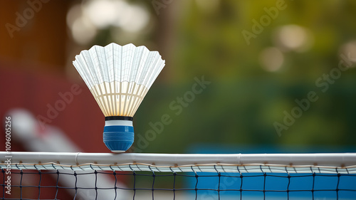 A badminton shuttlecock perched on a net, ready for the next rally. photo