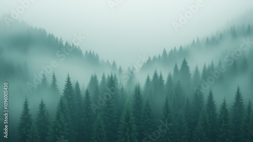 Serene Misty Autumn Landscape Featuring Tall Fir Trees in a Beautiful Dreamy Forest Surrounded by Soft Fog and Mountainous Horizons