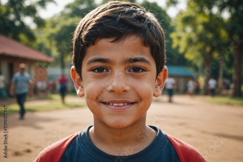 Close portrait of a smiling Paraguayan male kid looking at the camera, Paraguayan outdoors blurred background