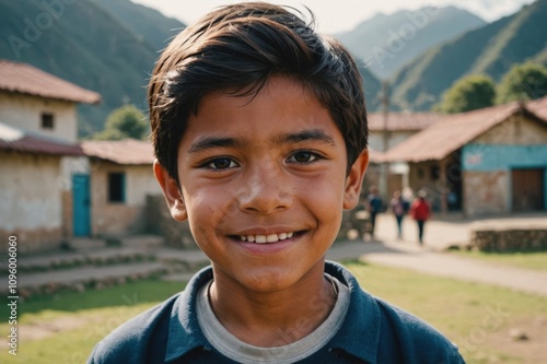 Close portrait of a smiling Peruvian male kid looking at the camera, Peruvian outdoors blurred background