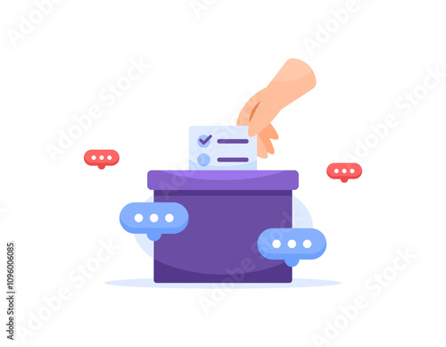 concept of voting. elections, voting, and democracy. illustration of hand inserting ballot into ballot box. symbol or icon. flat style design. element