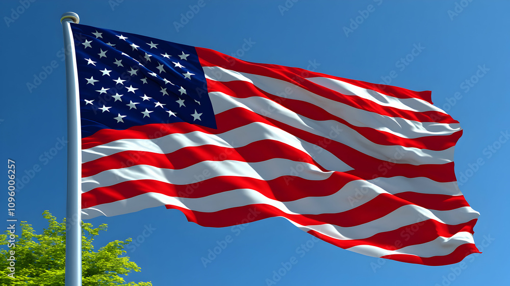 Obraz premium American Flag Waves Proudly in a Clear Blue Sky, a 3D Render of Patriotism and National Symbolism.