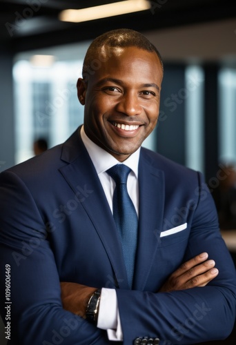 Professional portrait, confident businessman, navy blue suit, white shirt, light blue tie, arms crossed, warm smile, office setting, soft lighting, blurred background, corporate environment, successfu