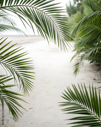 Lush palm leaves frame serene sandy path leading to beach, evoking tranquil tropical atmosphere