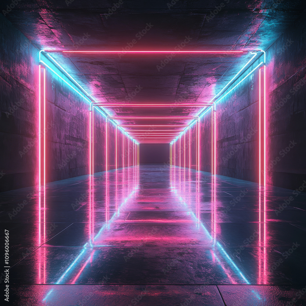 A sci-fi scene featuring neon glowing lines within a dark tunnel, with reflections on both the floor and ceiling. The environment exudes a futuristic and technological vibe, where the glowing lines cu A sci-fi scene featuring neon glowing lines within a dark tunnel, with reflections on both the floor and ceiling. The environment exudes a futuristic and technological vibe, where the glowing lines cu