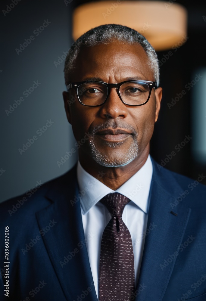 Professional portrait, middle-aged man, African American, glasses, distinguished appearance, navy blue suit, red tie, confident gaze, serious expression, clean-shaven, short gray hair, studio lighting Professional portrait, middle-aged man, African American, glasses, distinguished appearance, navy blue suit, red tie, confident gaze, serious expression, clean-shaven, short gray hair, studio lighting