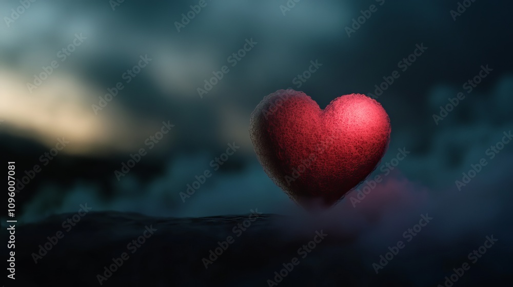 Fototapeta premium A glowing red heart sits atop a dark, cloudy landscape, a symbol of hope and love in the face of darkness.