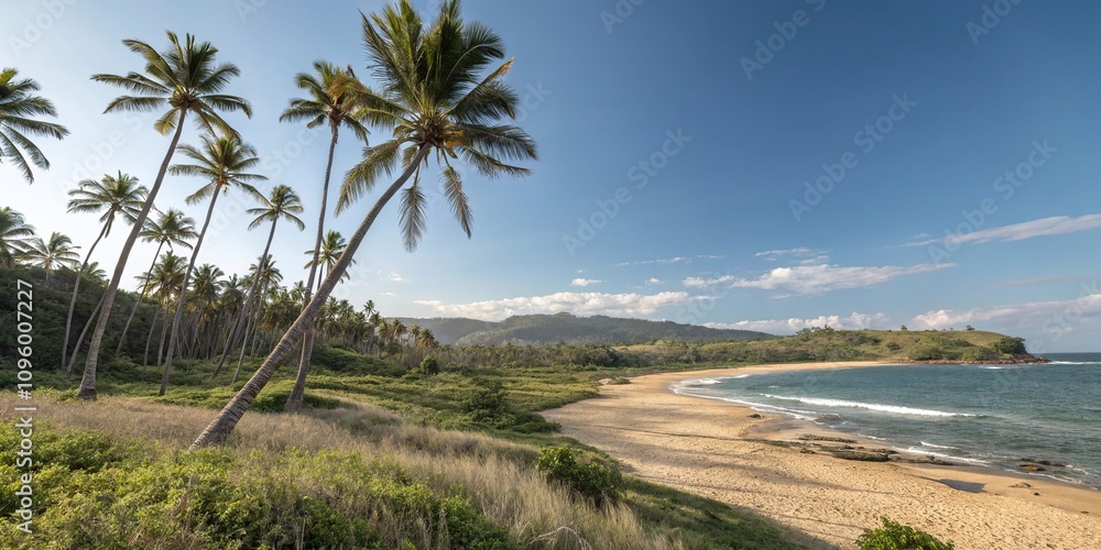 Beach landscape with palm trees above a summer inlet, coastal scenery, summer vibes, ocean view Beach landscape with palm trees above a summer inlet, coastal scenery, summer vibes, ocean view