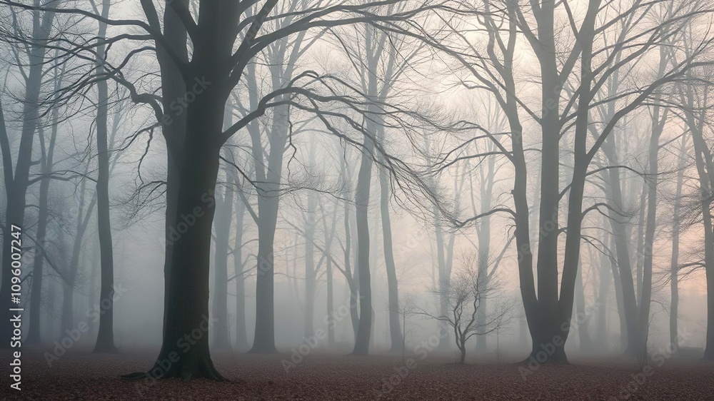 Obraz premium Beech trees at dawn in the misty forest, atmospheric light, serenity, early morning