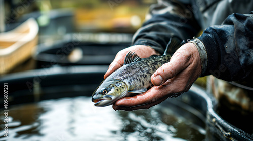 Close-up of a worker with freshly harvested fish. photo