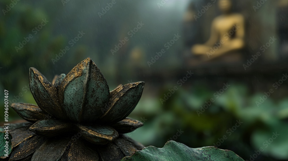 A close-up of a golden lotus flower with a blurred background of a statue. A close-up of a golden lotus flower with a blurred background of a statue.