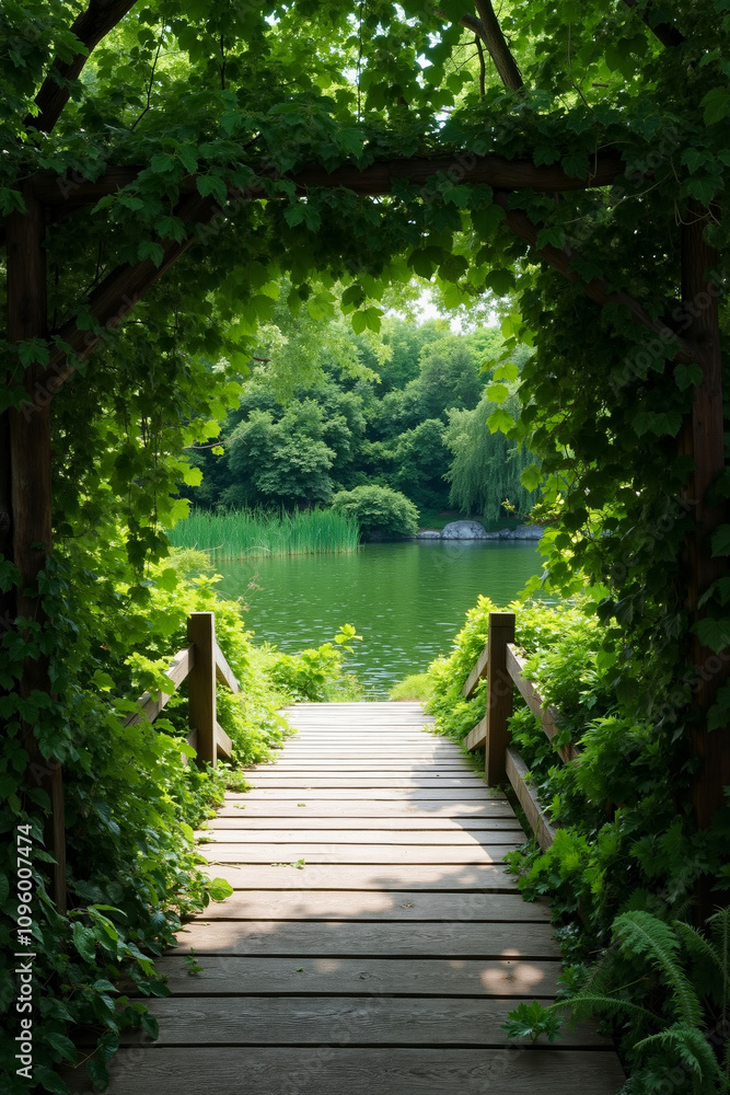 A wooden walkway leads to a lake surrounded by trees and plants A wooden walkway leads to a lake surrounded by trees and plants