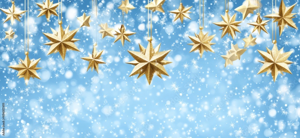 Beautiful Gold Star Decorations Hanging Against a Light Blue Background with Snowflakes, Perfect for Holiday Season Themes and Festive Celebrations Beautiful Gold Star Decorations Hanging Against a Light Blue Background with Snowflakes, Perfect for Holiday Season Themes and Festive Celebrations