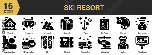 Ski Resort solid icon set. Includes Entry, Pass, Resort, Ski, Skiing, Skipass, Ticket, and More. Solid icons vector collection.