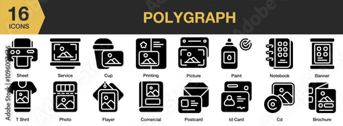 Polygraph solid icon set. Includes Greeting, Letter, Mail, Postal, Postcard, Travel, Vintage, and More. Solid icons vector collection.