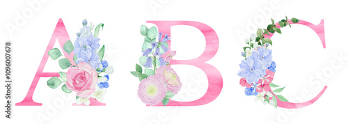 Watercolor pink letters with floral arrangements of flowers and foliage. For wedding monogram, invitations, greeting cards and other design ideas.