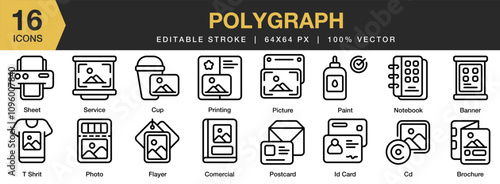 Polygraph icon set. Editable Stroke Icon Collection. Includes polygraphy, print, paper, press, industry, technology, magazine, and More. Outline icons vector collection.