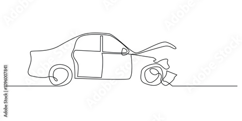 continuous line drawing of accident car.single line drawing of car damaged as a result of collision.single line vector illustration of vehicle insurance. isolated white background