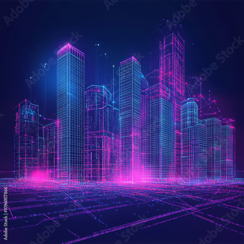 This futuristic city concept features a 3D wireframe cityscape, with sleek, smart buildings and a dynamic line grid that forms the foundation of the skyline. The image showcases a cyber space theme, w