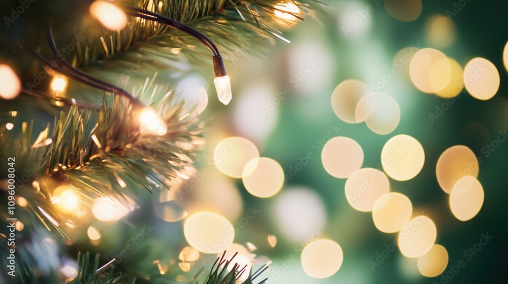 Golden Christmas Bauble on Green Tree with Bokeh Lights Golden Christmas Bauble on Green Tree with Bokeh Lights