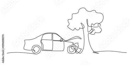 continuous line drawing of car crashing into a tree.single line drawing of car accident.single line vector illustration.isolated white background