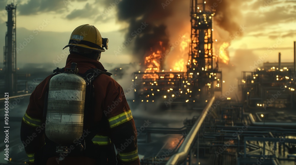 Firefighter Observing Industrial Plant Fire During Sunset Firefighter Observing Industrial Plant Fire During Sunset