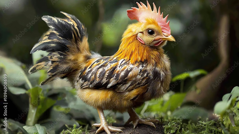 Fototapeta premium Adorable young rooster with orange and black feathers standing in lush green foliage.