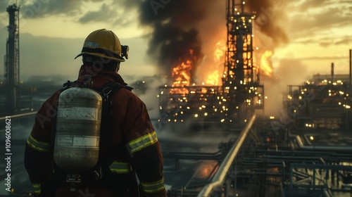 Firefighter Observing Industrial Plant Fire During Sunset