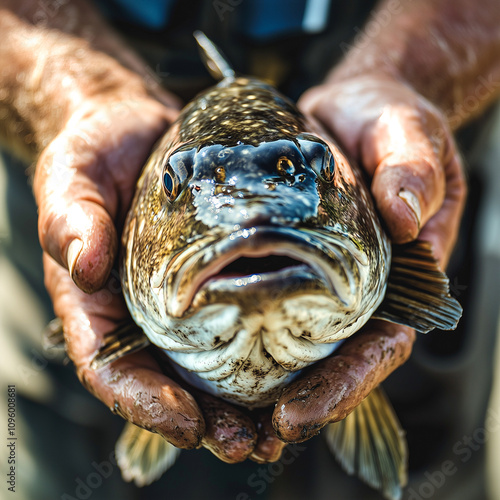 Fish farmer’s hands cradling a freshly harvested grouper, showcasing its texture. photo