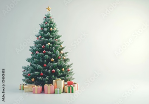 Lush Christmas Tree Surrounded by Colorful Gifts and Presents on a Bright Background, Capturing the Joyful Spirit of the Holiday Season