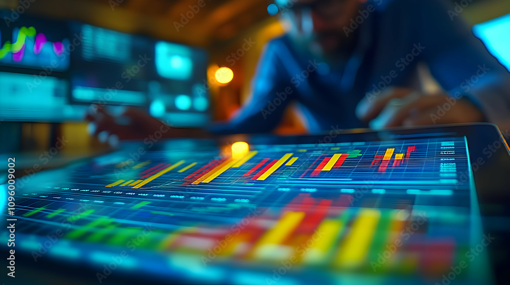 Digital Tablet Displays Vibrant Financial Data Charts at Night Digital Tablet Displays Vibrant Financial Data Charts at Night