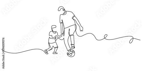 continuous line drawing of father playing football with son.one line drawing of football training.single line vector illustration.isolated white background