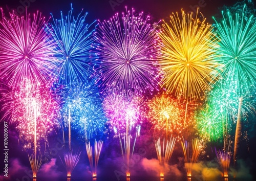 Vibrant Fireworks Display Lighting Up the Night Sky in Various Colors Creating a Dazzling Celebration of Joy and Festivity Captured in High Resolution photo