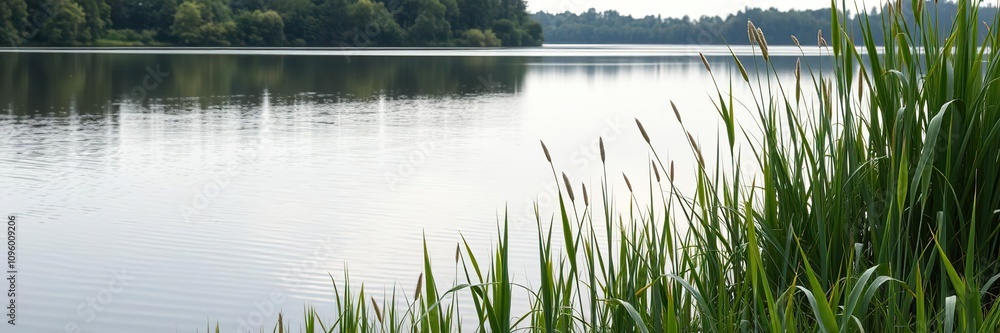 Calm and peaceful lake scene with lush reed grass, reflection, serenity scene Calm and peaceful lake scene with lush reed grass, reflection, serenity scene