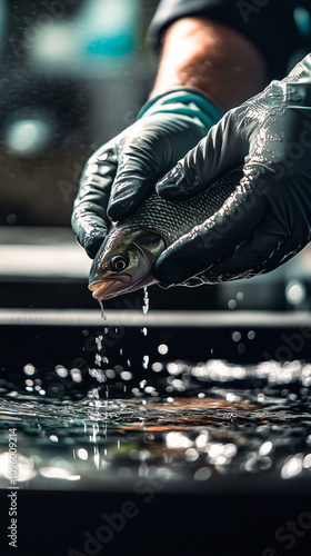 Gloved hands gently holding a fish over a tank, water droplets cascading. photo