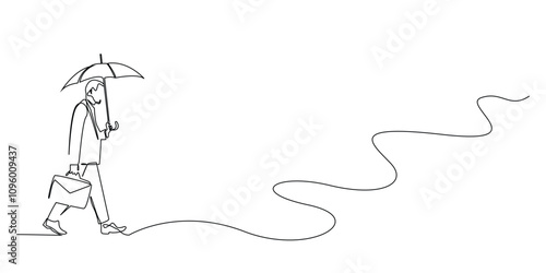 continuous line drawing of business people walking with an umbrella.one line drawing of business people walking with an umbrella and carrying a work suitcase in the rain.single line vector