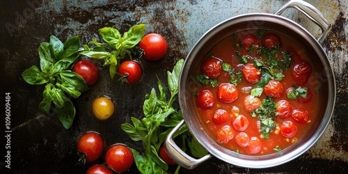 Delicious homemade tomato soup made with fresh cherry tomatoes, aromatic herbs, and a blend of spices, creating a flavorful and comforting dish that highlights the taste of homemade tomato soup.