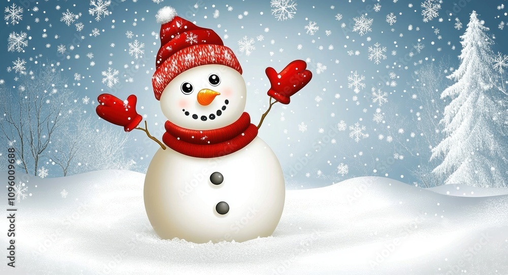 Cheerful Snowman with Red Accessories Surrounded by Snowflakes and Winter Scenery in a Magical Winter Wonderland Atmosphere for Holiday Celebrations Cheerful Snowman with Red Accessories Surrounded by Snowflakes and Winter Scenery in a Magical Winter Wonderland Atmosphere for Holiday Celebrations