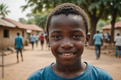 Close portrait of a smiling Senegalese male kid looking at the camera, Senegalese outdoors blurred background