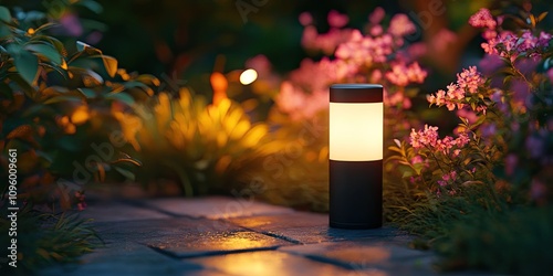 Closeup view of a glowing bollard lamp illuminating a beautiful backyard garden. The glowing bollard lamp enhances outdoor lighting, creating a warm ambiance in the garden setting.
