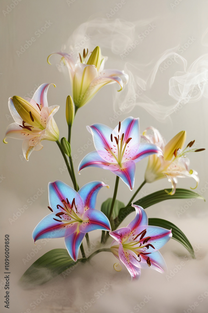Naklejka premium beautiful light spectrum lily flowers, flower pattern, lily flower background, created by Generative AI