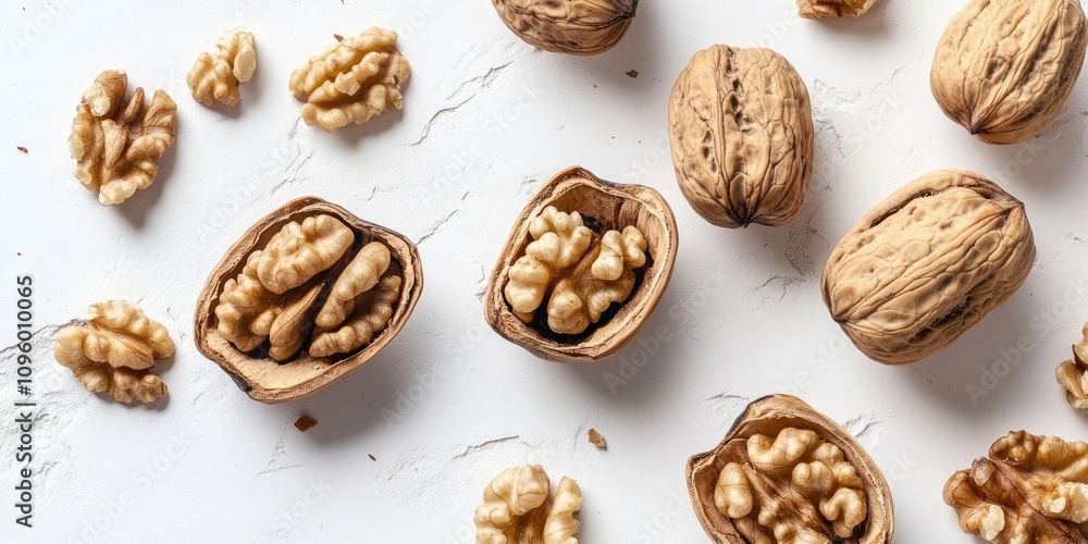Close up of whole and opened walnuts on a white background, showcasing the detailed texture and rich color of whole walnuts next to the broken halves for a captivating visual experience. Close up of whole and opened walnuts on a white background, showcasing the detailed texture and rich color of whole walnuts next to the broken halves for a captivating visual experience.
