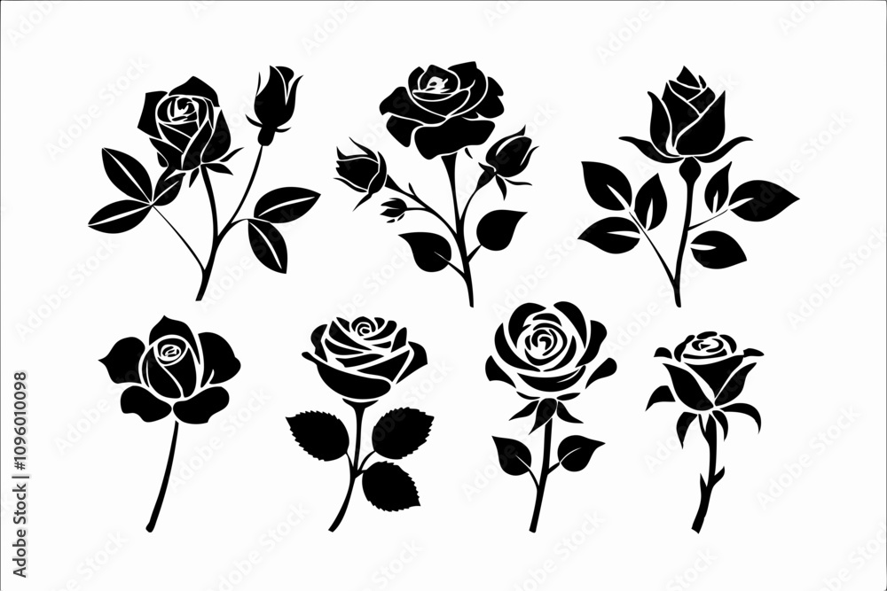 Set of Elegant Rose Silhouettes Vector Art for Floral Designs and Branding
Set of Elegant Rose Silhouettes Vector Art for Floral Designs and Branding