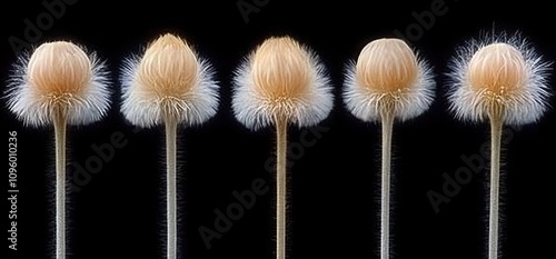 Close-Up of Delicate Mushroom Spores on Stems, Showcasing Unique Textures, Shapes, and Colors for Nature Photography and Science Illustration Purposes photo